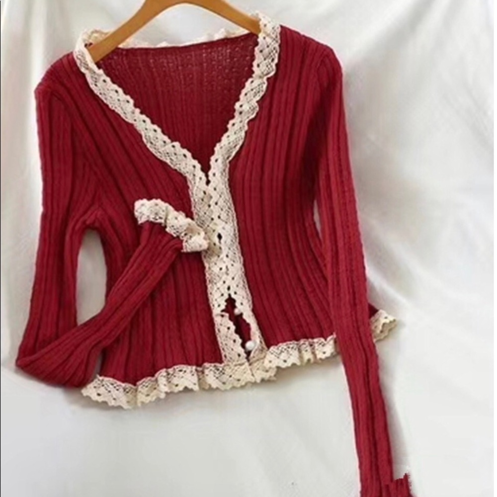 Lace cardigan thin sweater cropped style button red long sleeve knit